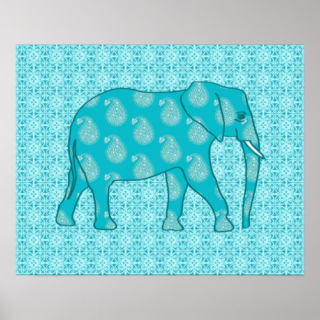 Paisley-Elefant - Türkis und Wasser Poster (Vorne)