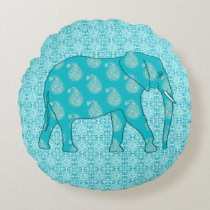 Paisley-Elefant - Türkis und Wasser Rundes Kissen