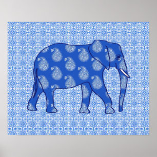 Paisley elephant - cobalt blue and white poster