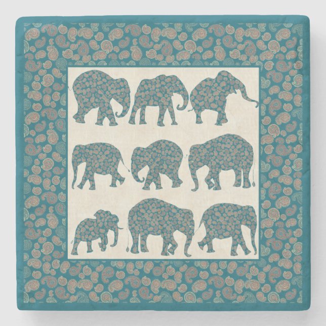 Paisley Elephants auf Beige und Border Untersetzer (Vorderseite)