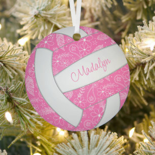 Paisley Federn Blumenrosa, weißer Boho Volleyball Ornament Aus Metall