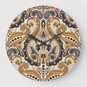 Paisley Floral: Farbenloses, nahtloses Design Große Wanduhr