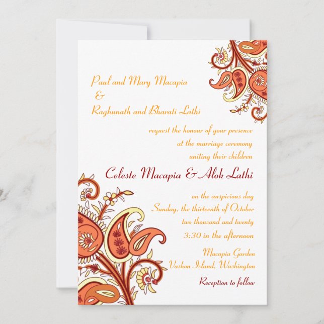 Paisley Floral Gold Red Orange Indian Wedding Einladung (Vorderseite)