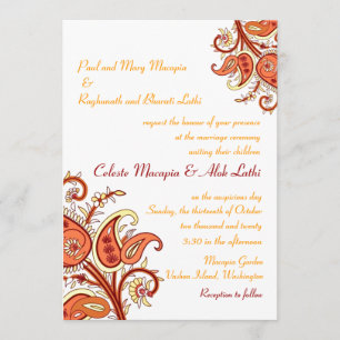 Paisley Floral Gold Red Orange Indian Wedding Einladung