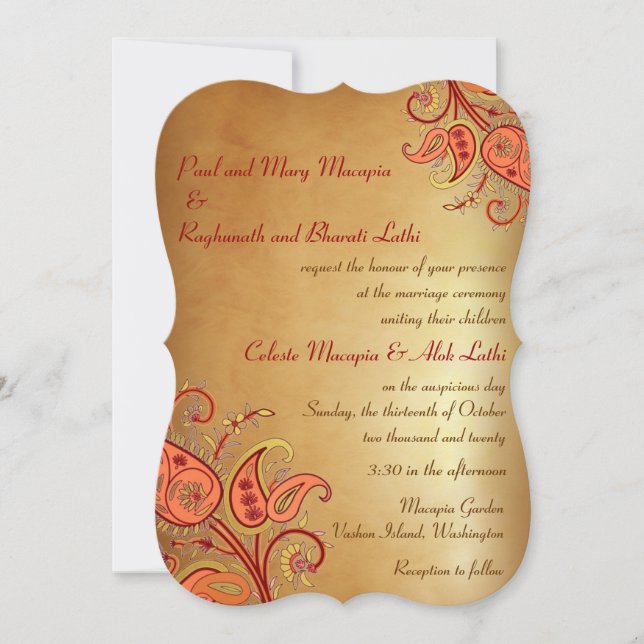 Paisley Floral Gold Red Orange Indian Wedding Einladung (Vorderseite)