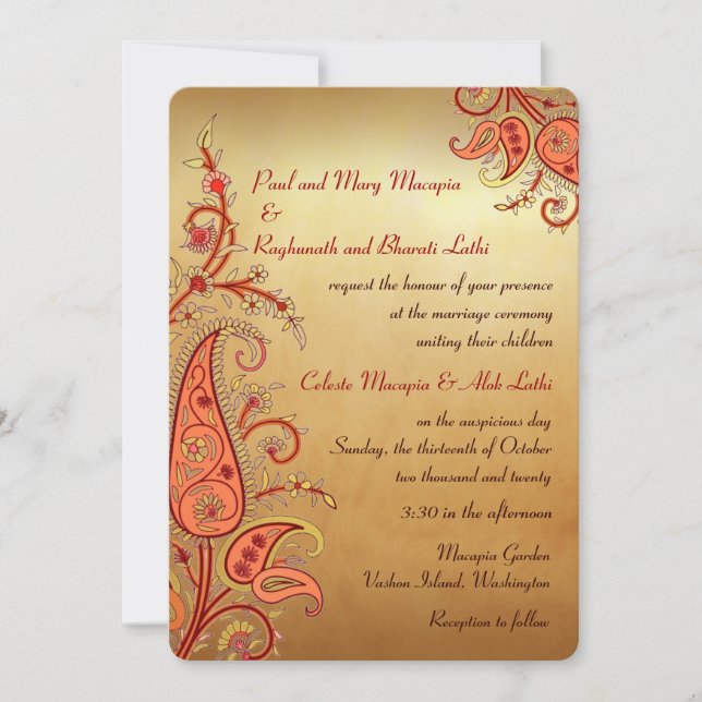 Paisley Floral Gold Red Orange Indian Wedding Einladung (Vorderseite)