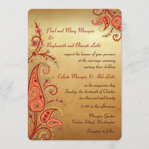 Paisley Floral Gold Red Orange Indian Wedding Einladung