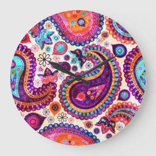 Paisley Floral Indian Seamless Ornament Große Wanduhr