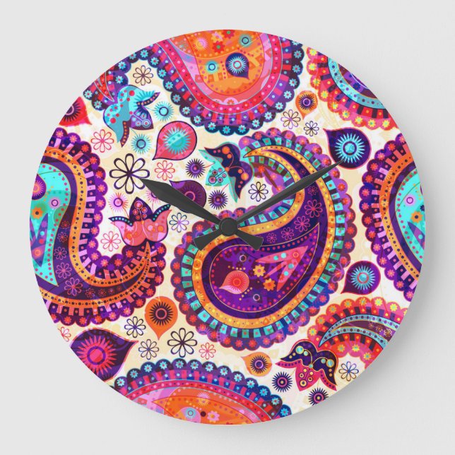 Paisley Floral Indian Seamless Ornament Große Wanduhr (Vorderseite)