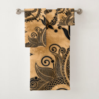Paisley Floral Ornament - Black and Pastel Gold Badhandtuch Set