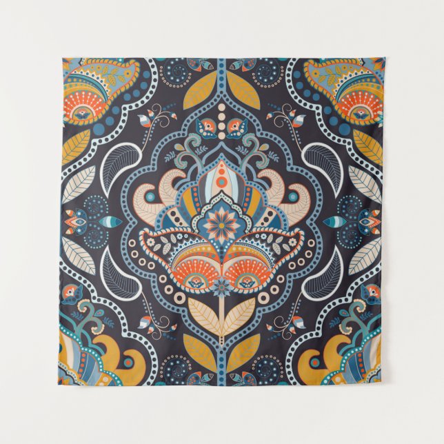 Paisley floral seamless pattern. Dark backdrop wit Wandteppich (Vorderseite)