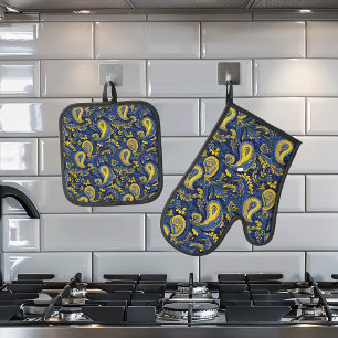 Paisley Gelb Blau Muster Ofenhandschuh & Topflappen-Set