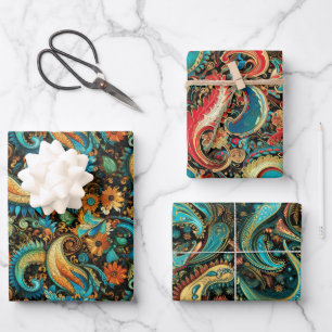 Paisley Golden Blume Abstraktes Muster Set 3 Geschenkpapier Set