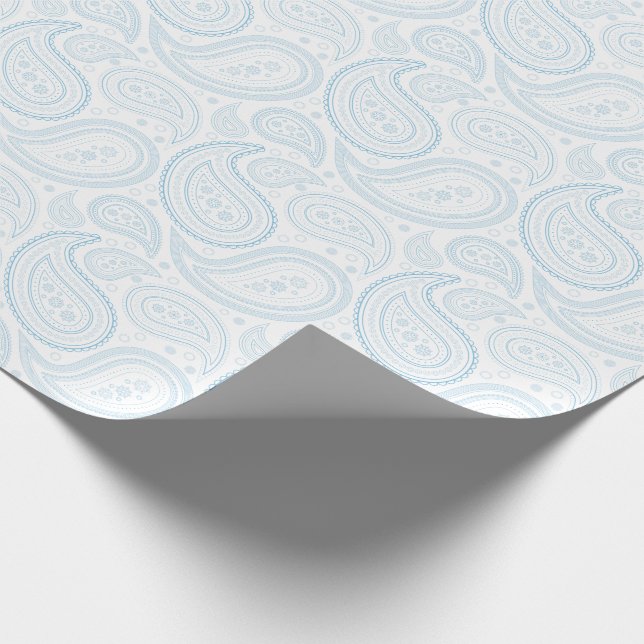 Paisley hellblau auf weißem Packpapier (Ecke)