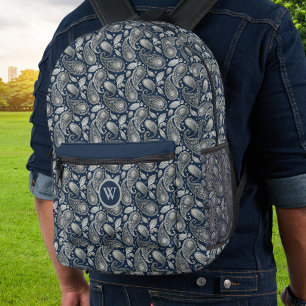 Paisley in Navy Blau Silber Vintage-Look Monogramm Bedruckter Rucksack