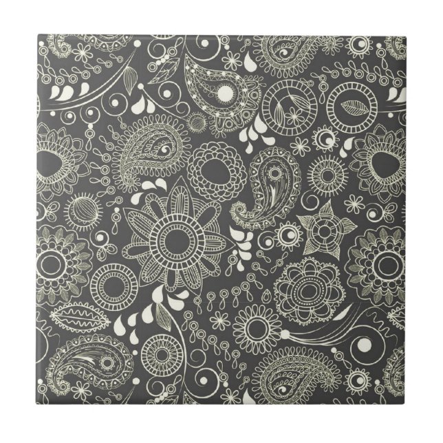 Paisley in Schwarz & Gelb Fliese (Vorderseite)