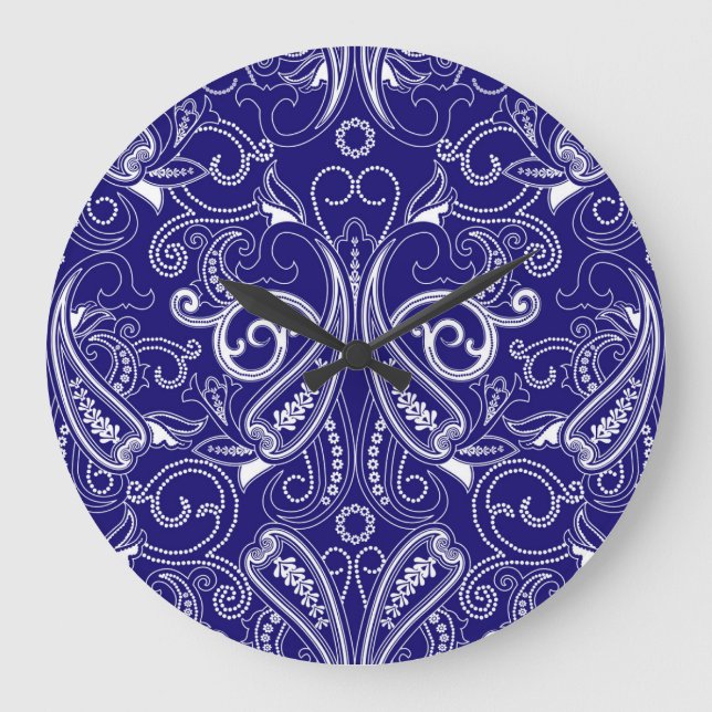 Paisley monochrome: blau, weiß Eleganz. Große Wanduhr (Vorderseite)