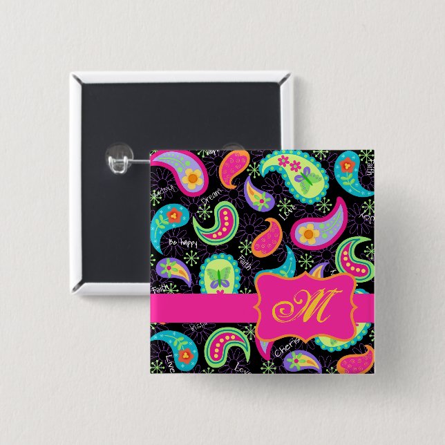 Paisley Monogram Black Fuchsia Pink Modern Button (Vorne & Hinten)