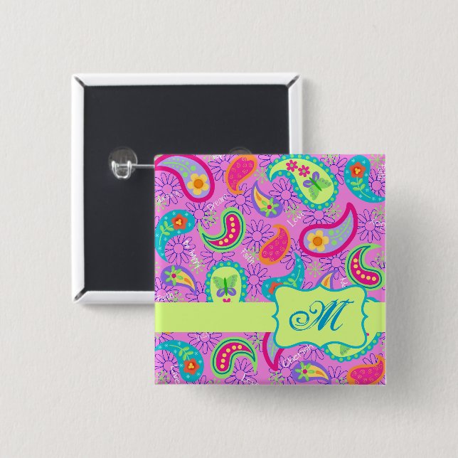 Paisley Monogram Magenta Pink Green Modern Button (Vorne & Hinten)