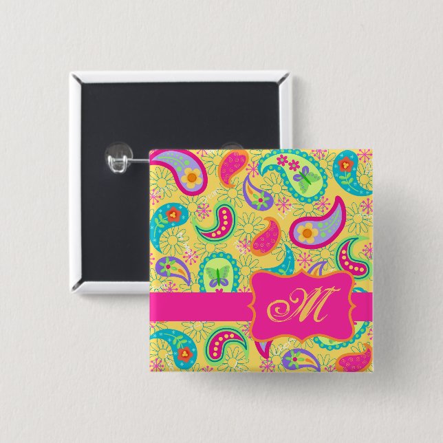 Paisley Monogram Yellow Hot Pink Modern Button (Vorne & Hinten)