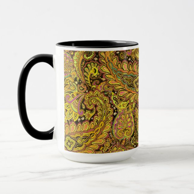 Paisley Motif in Yellow, Brown on Black Background Tasse (Links)