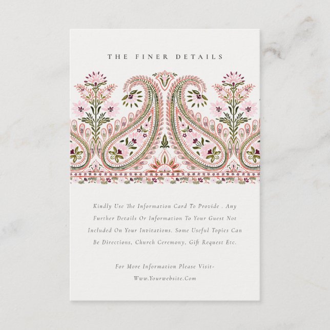 Paisley Motif Wedding Details zu Pink Green Floral Begleitkarte (Vorderseite)