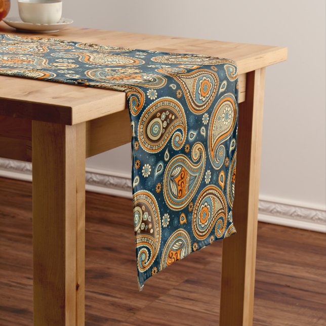 Paisley-Muster blau aquamarin orange elegant Kurzer Tischläufer (Beispiel)