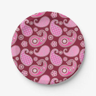 Paisley-Muster, Burgunderrot, Rosa und Weiß Pappteller