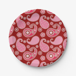Paisley-Muster, Dunkelrot, Rosa und Weiß Pappteller
