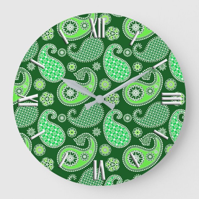 Paisley-Muster, Emerald und Jade Green Große Wanduhr (Vorderseite)