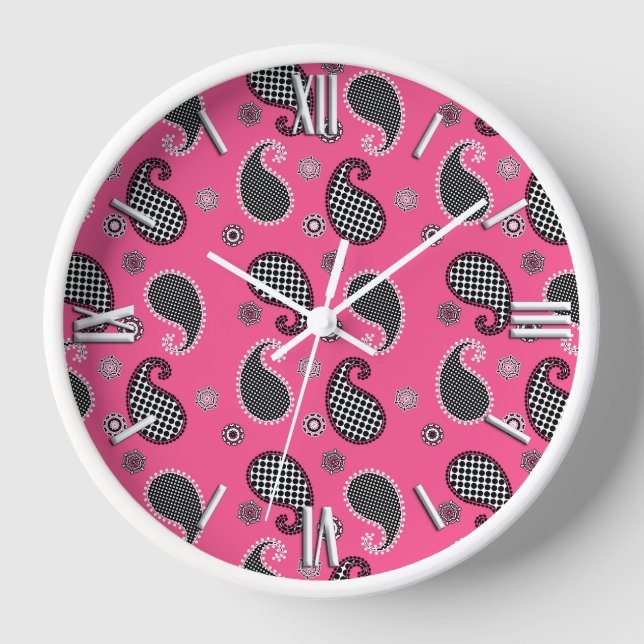 Paisley-Muster, Fuchsia-Rosa, Schwarz und Weiß Uhr (Vorderseite)