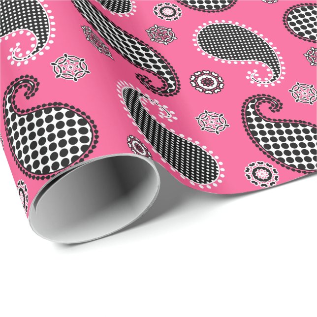 Paisley-Muster, Fuchsienrosa, Schwarz-Weiß Geschenkpapier (Rolleneckpunkt)