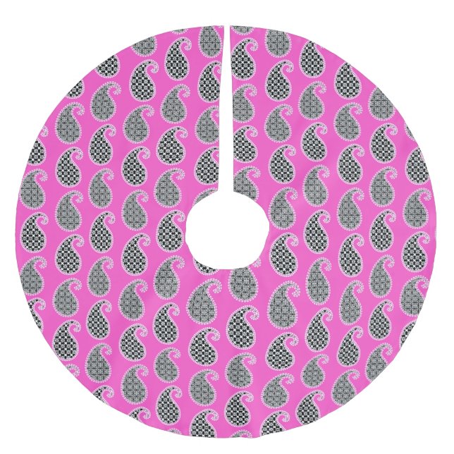 Paisley-Muster, Fuchsienrosa, Schwarz-Weiß Polyester Weihnachtsbaumdecke (Vorderseite)