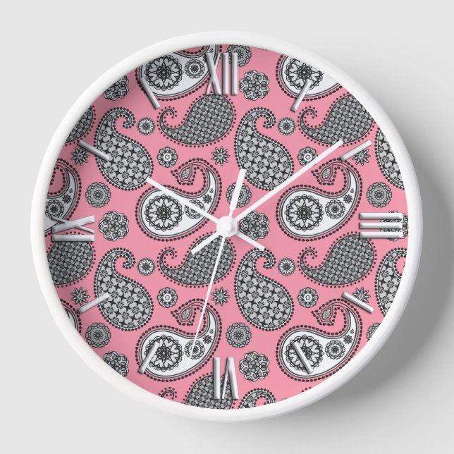 Paisley-Muster, grau auf Rosa Uhr (Vorderseite)