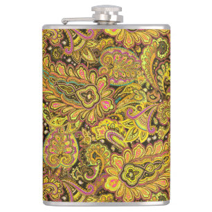 Paisley-Muster in Gelb, Braun auf schwarzem Hinter Flachmann