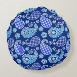 Paisley-Muster, Kobalt blau und weiß Rundes Kissen