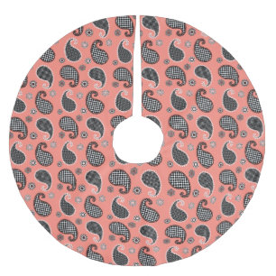 Paisley-Muster, Korallenrosa, Schwarz-Weiß Polyester Weihnachtsbaumdecke