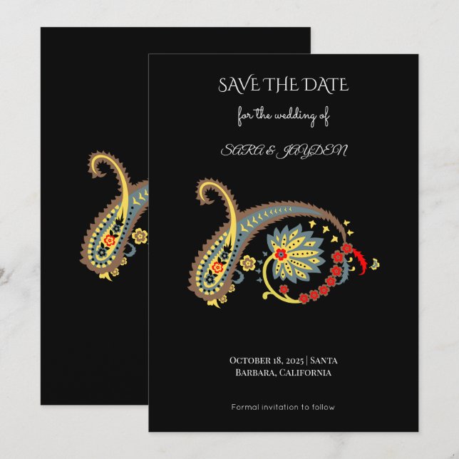 Paisley-Muster-Kunst – Boho-ethnischer botanischer Save The Date (Vorne/Hinten)