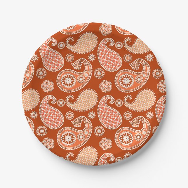 Paisley-Muster, Mandarin Orange und Weiß Pappteller (Vorderseite)