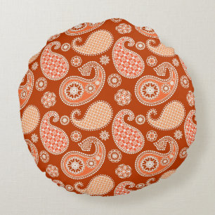 Paisley-Muster, Mandarin Orange und Weiß Rundes Kissen