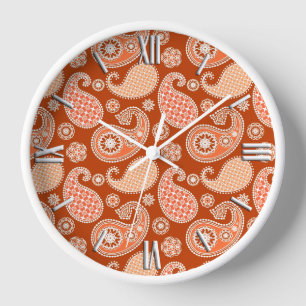Paisley-Muster, Mandarin Orange und Weiß Wanduhr