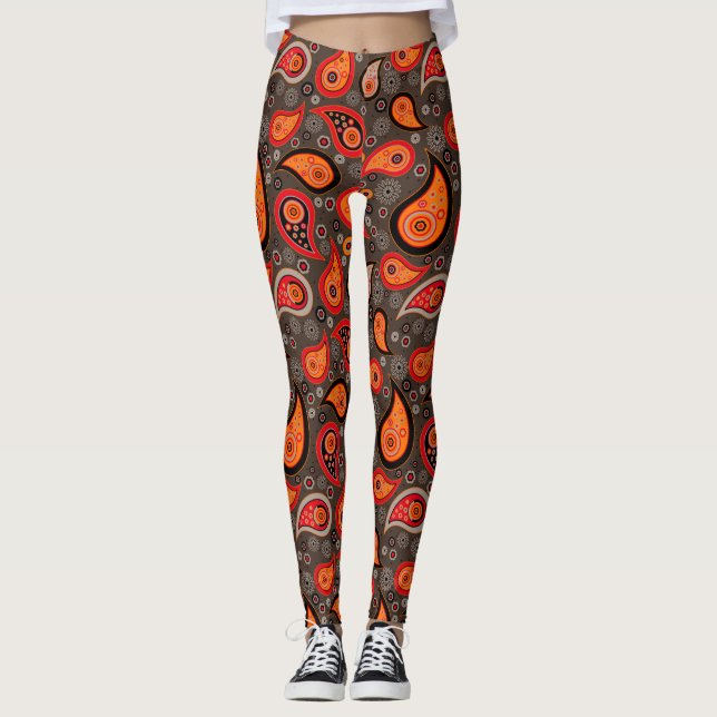 Paisley-Muster Rote Orange elegante Yoga Hose Leggings (Vorderseite)