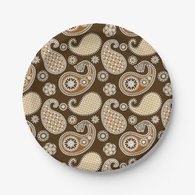 Paisley-Muster, Schokolade Brown und Tan Pappteller (Vorderseite)
