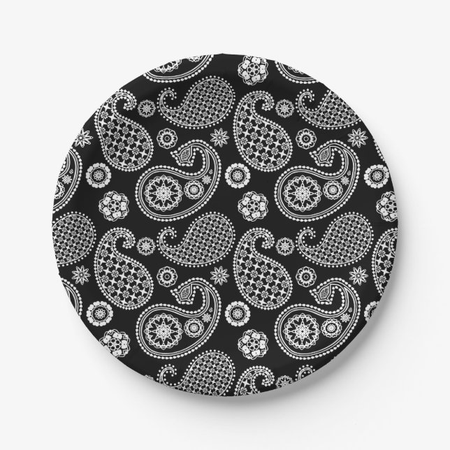 Paisley-Muster, Schwarz und Weiß Pappteller (Vorderseite)
