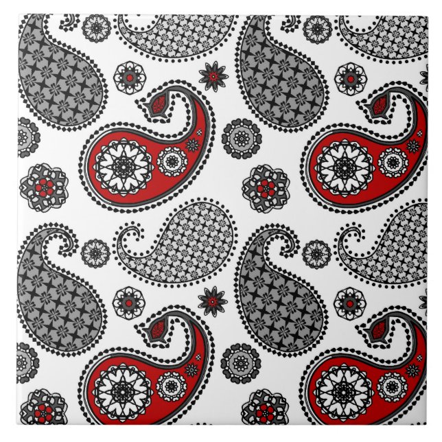 Paisley-Muster, Schwarz, Weiß und Rot Fliese (Vorderseite)