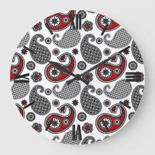 Paisley-Muster, Schwarz, Weiß und Rot Große Wanduhr