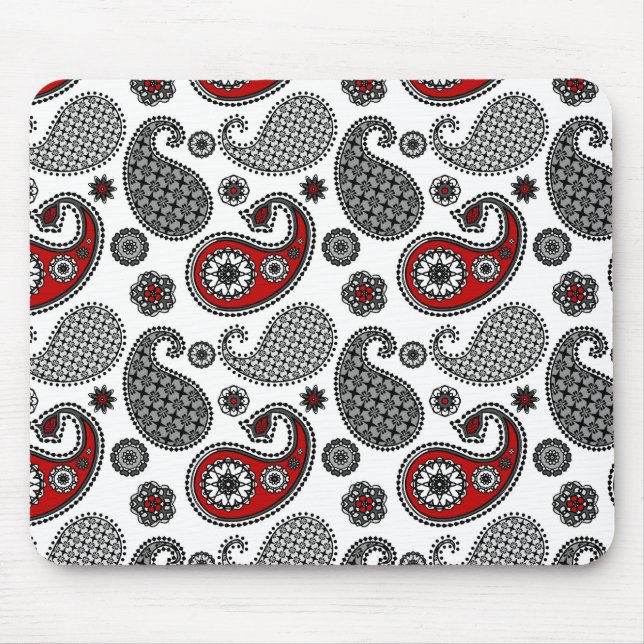 Paisley-Muster, Schwarz, Weiß und Rot Mousepad (Vorne)