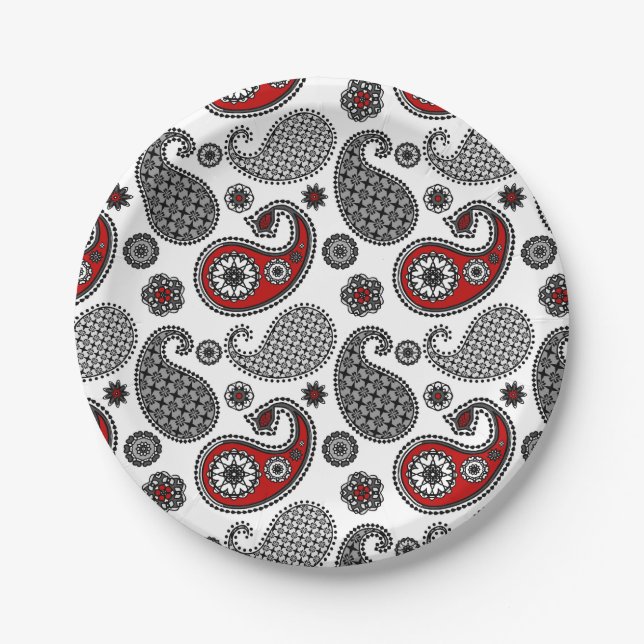 Paisley-Muster, Schwarz, Weiß und Rot Pappteller (Vorderseite)