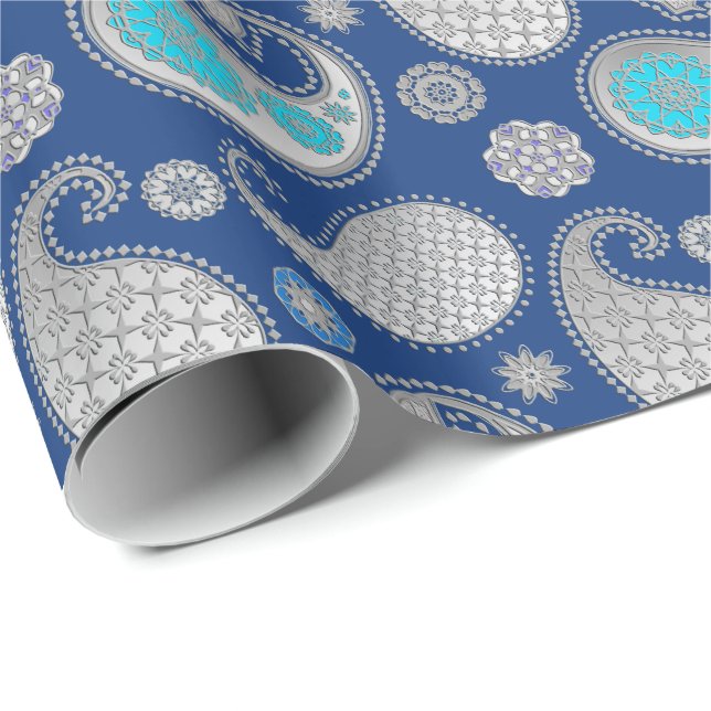 Paisley Muster, Silver Gray / Grau auf Cobalt Blue Geschenkpapier (Rolleneckpunkt)