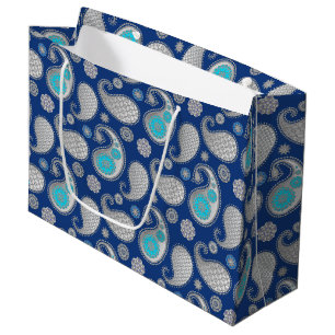 Paisley Muster, Silver Gray / Grau auf Cobalt Blue Große Geschenktüte